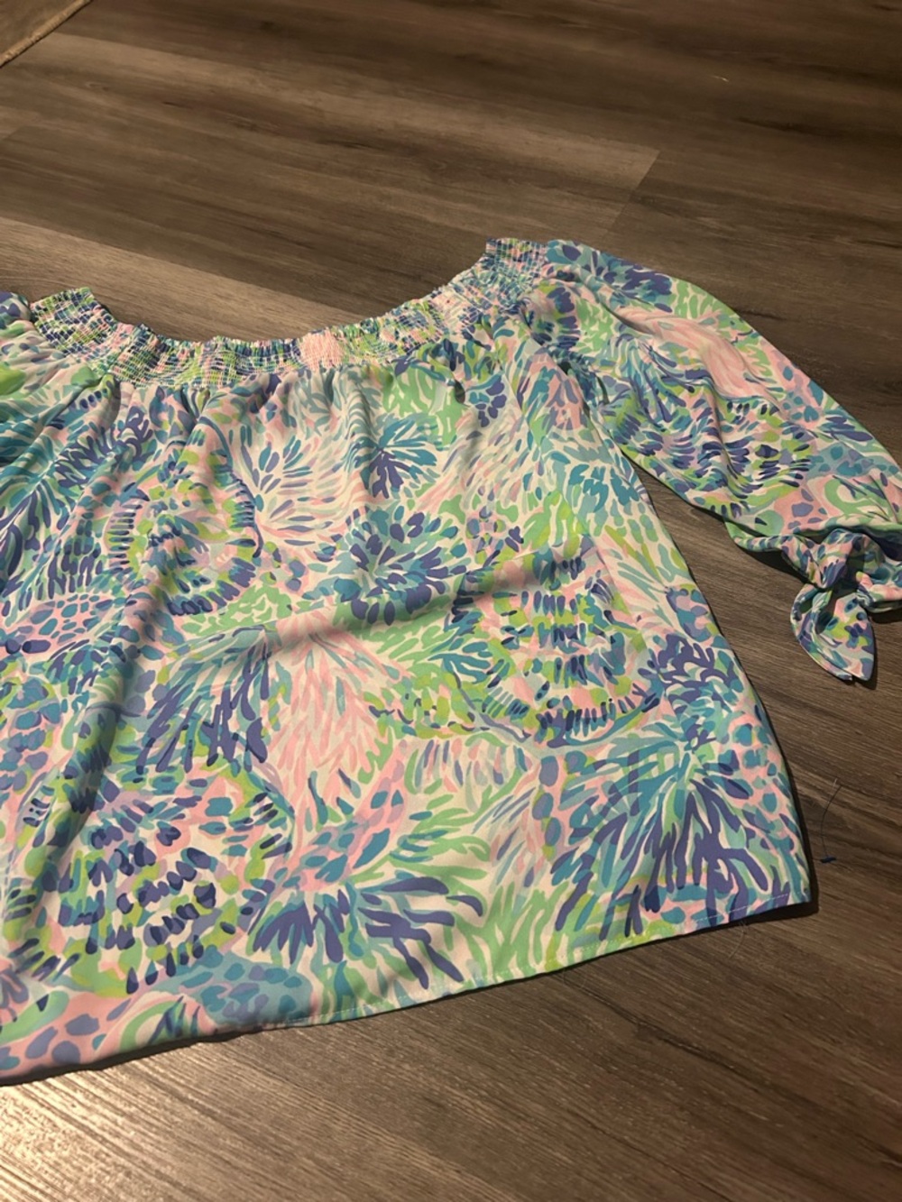 Off-Shoulder Floral Print Top in Pastel Blue, Pink & Green - Picture 2 of 7